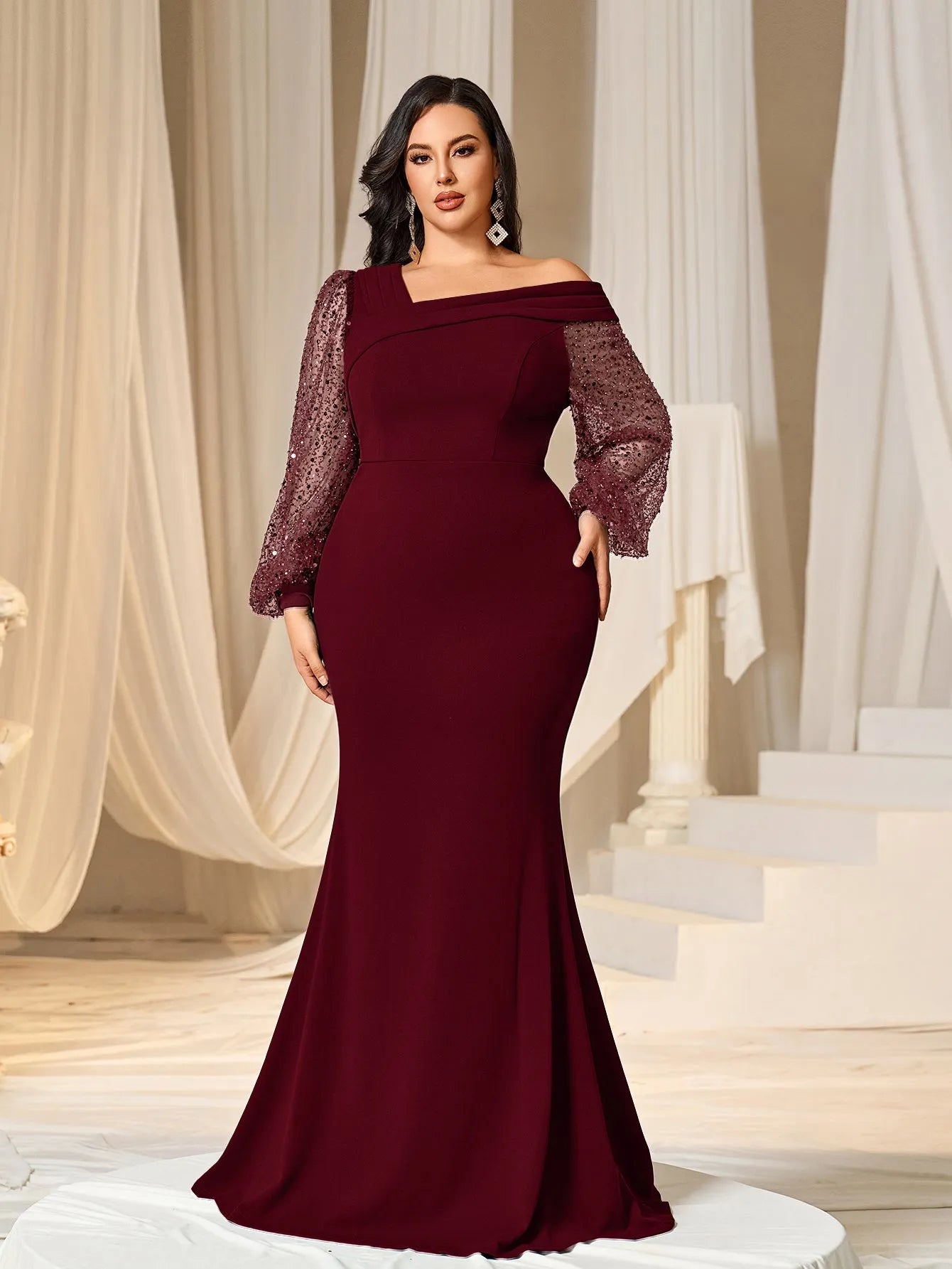 Plus Asymmetrical Neck Lantern Sleeves Formal Mermaid Dress