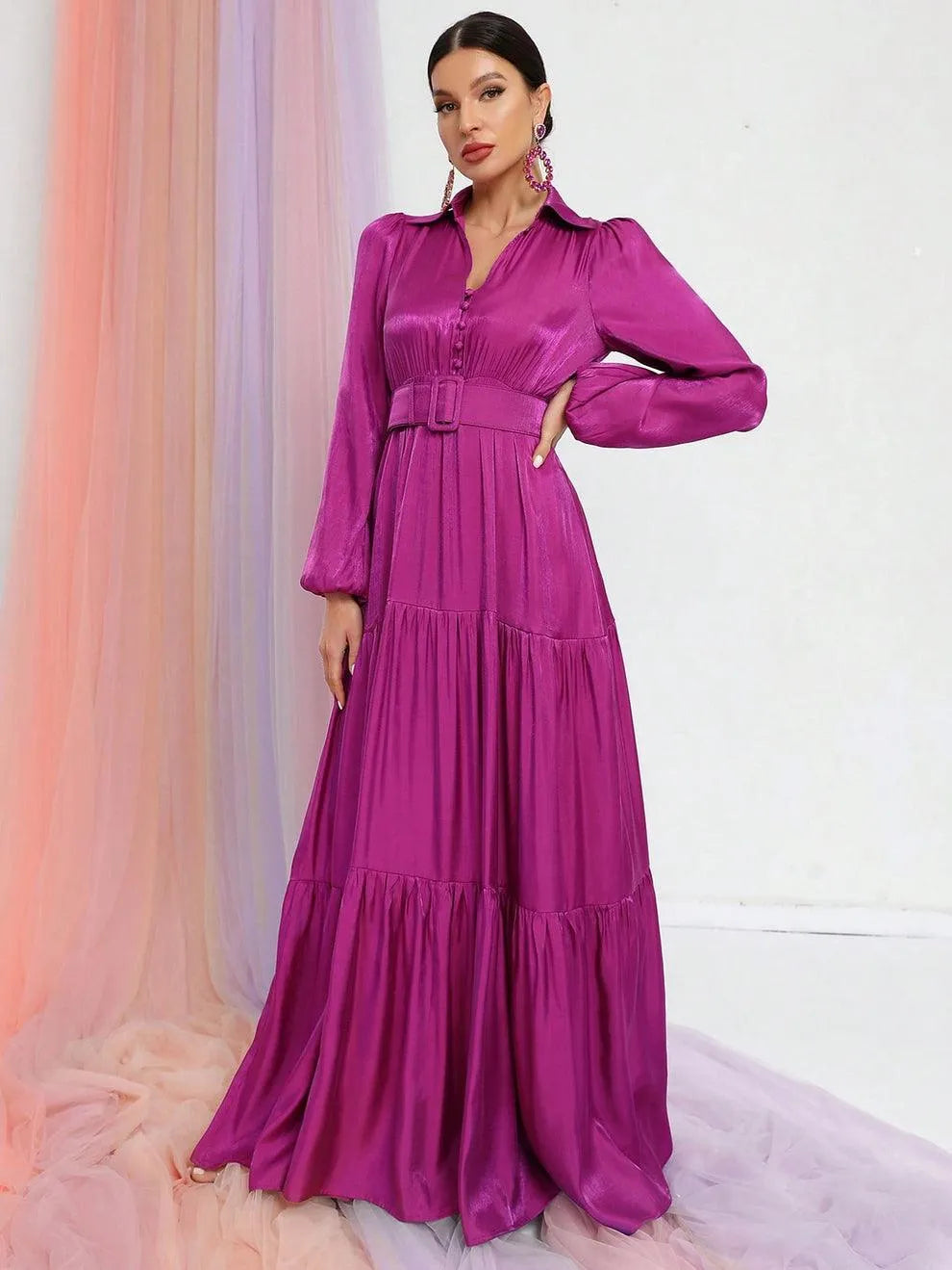 Elegant Bishop Sleeves Ruffle Hem Belted Dress - Elonnashop