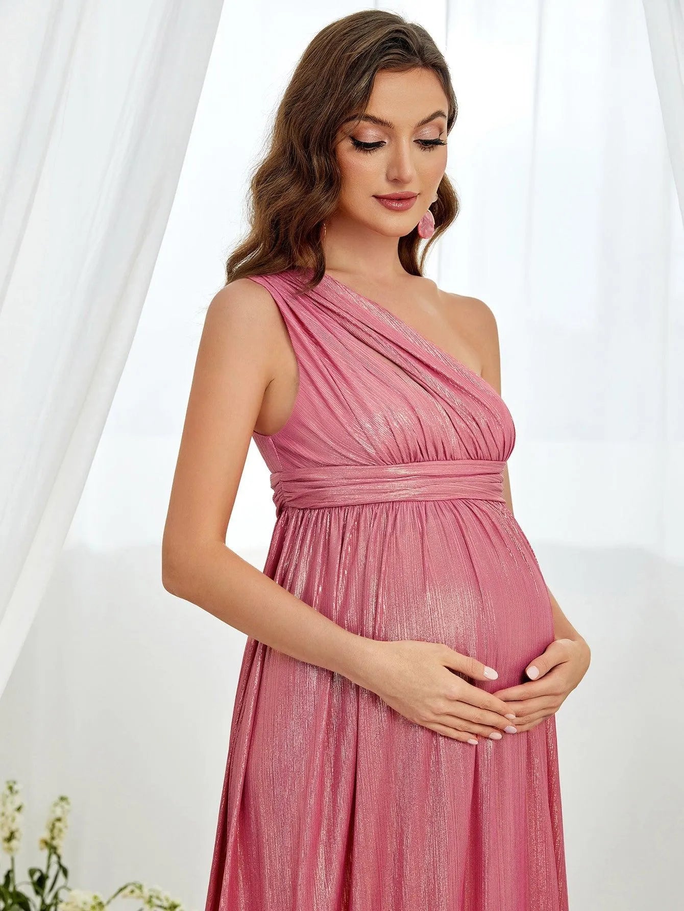 Maternity One Shoulder Sleeveless Metallic Party Dress - Elonnashop