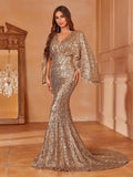 Plunging Neck Cloak Sleeve Sequin Prom Dress - Elonnashop