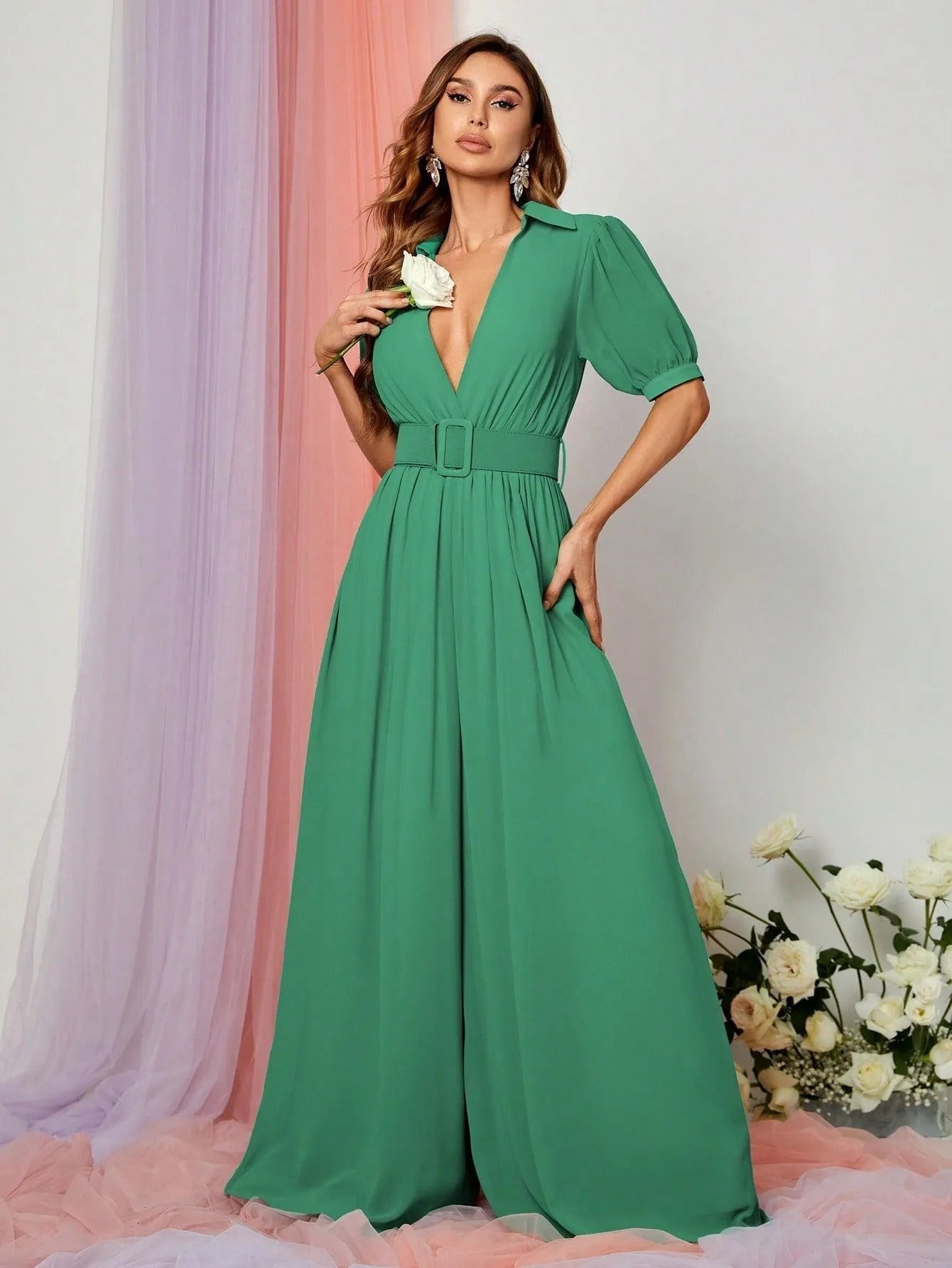 Plunging Neck Puff Sleeves Wide Leg Jumpsuit - Elonnashop