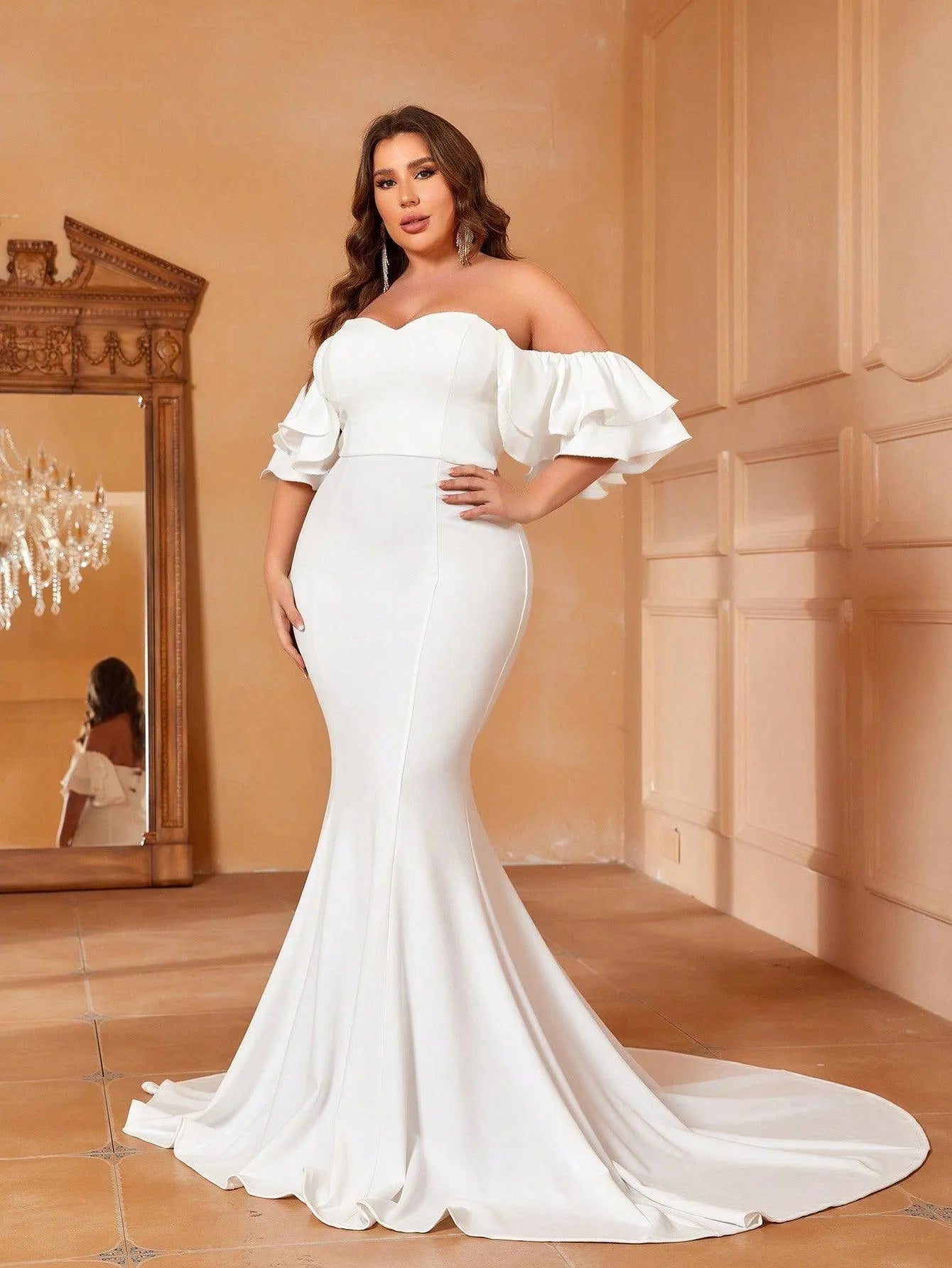 Plus Off Shoulder Ruffle Sleeve Mermaid Wedding Dress - Elonnashop