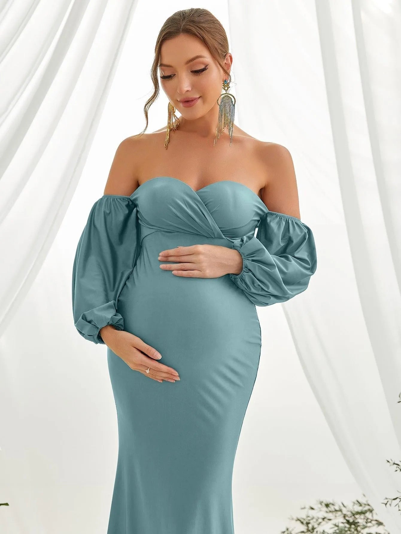 Maternity Off Shoulder Lantern Sleeve Mermaid Dress - Elonnashop