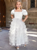 Tween Girls' Puff Sleeve Organza Layered Hem Cake Dress - Elonnashop