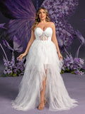 Plus Elegant Strapless Sweetheart White Bridal Gowns: Tiered Tulle Skirt with Thigh-High Slit & Corset Bodice – Elegant 1XL-5XL Wedding Dresses