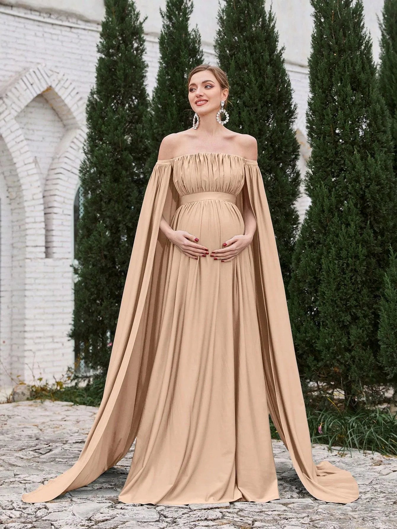 Maternity Off Shoulder Cape Sleeves Maxi Prom Dress - Elonnashop