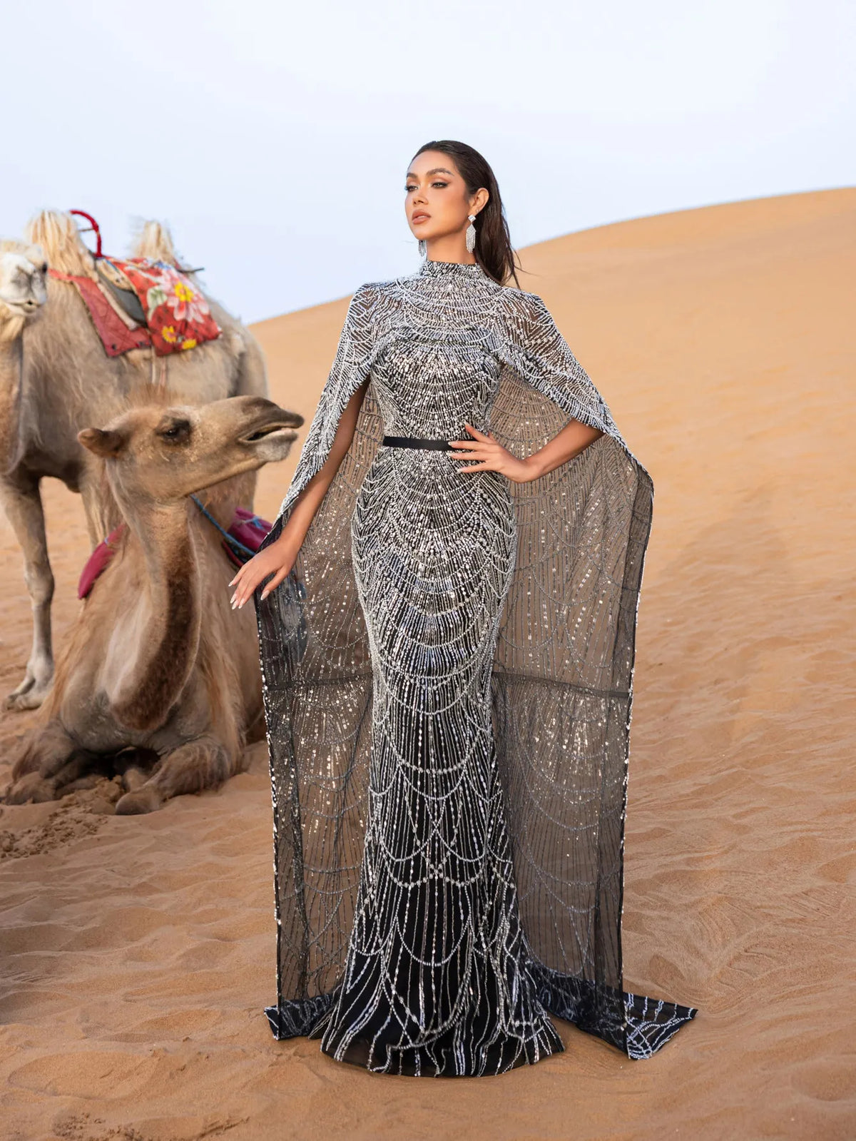 Luxury Gorgeous Mock Neck Mermaid Hem Beaded Sequin Cape Dress