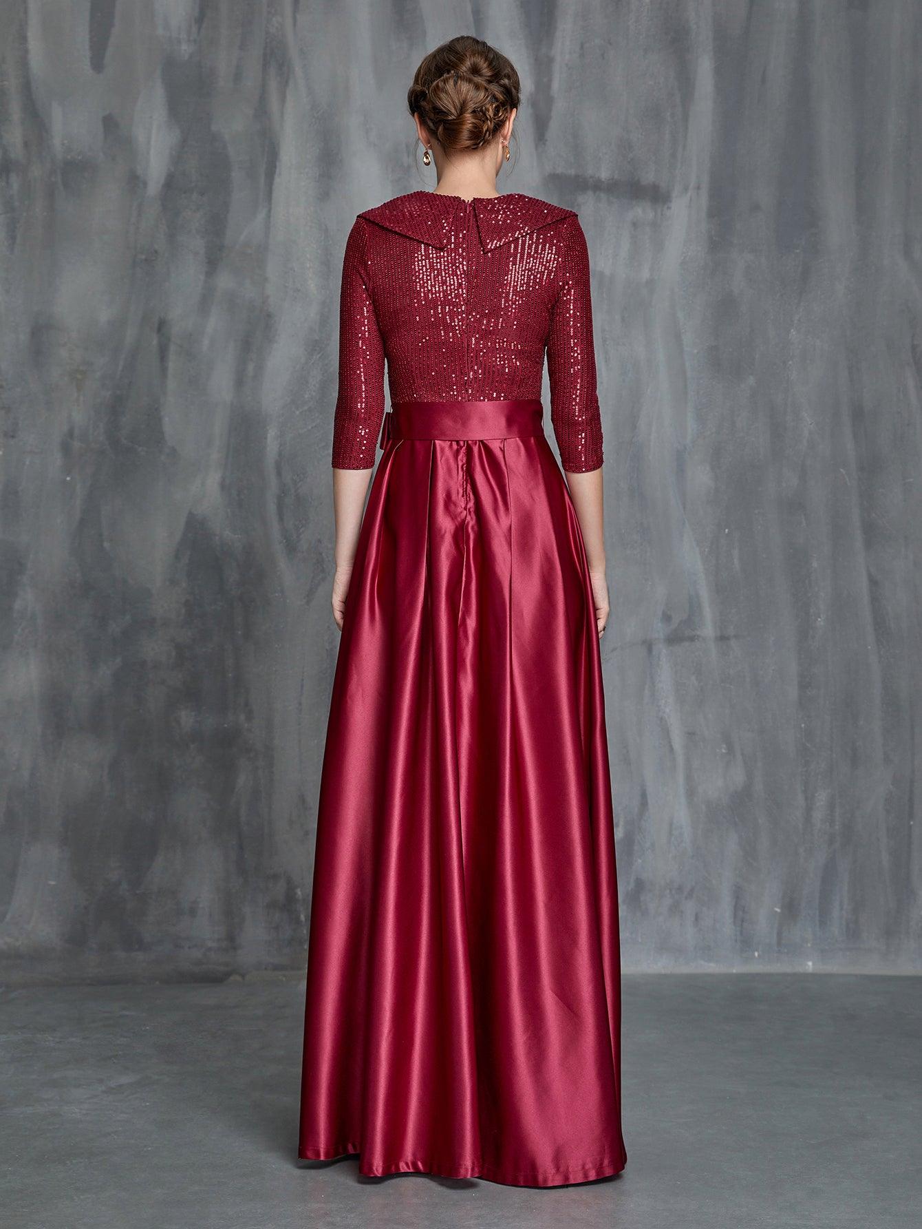 Womens' Shawl Collar Sequin Contrast Satin Formal Dress - Elonnashop
