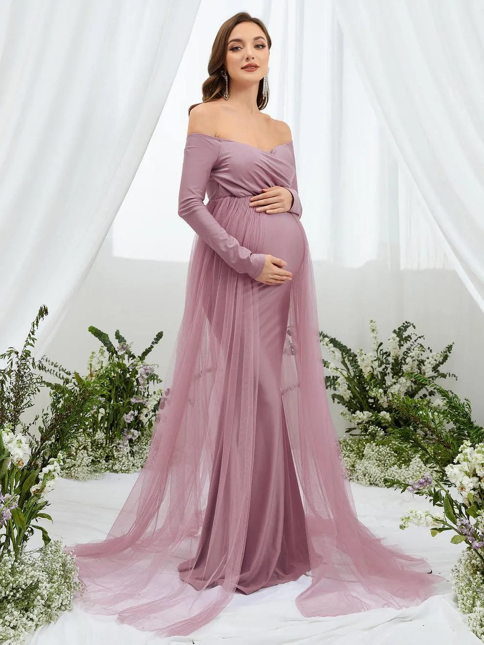 Maternity Off Shoulder Contrast Mesh Mermaid Dress - Elonnashop