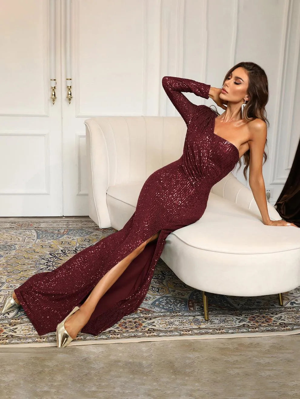 One Shoulder Split Thigh Sequin Formal Dress - Elonnashop