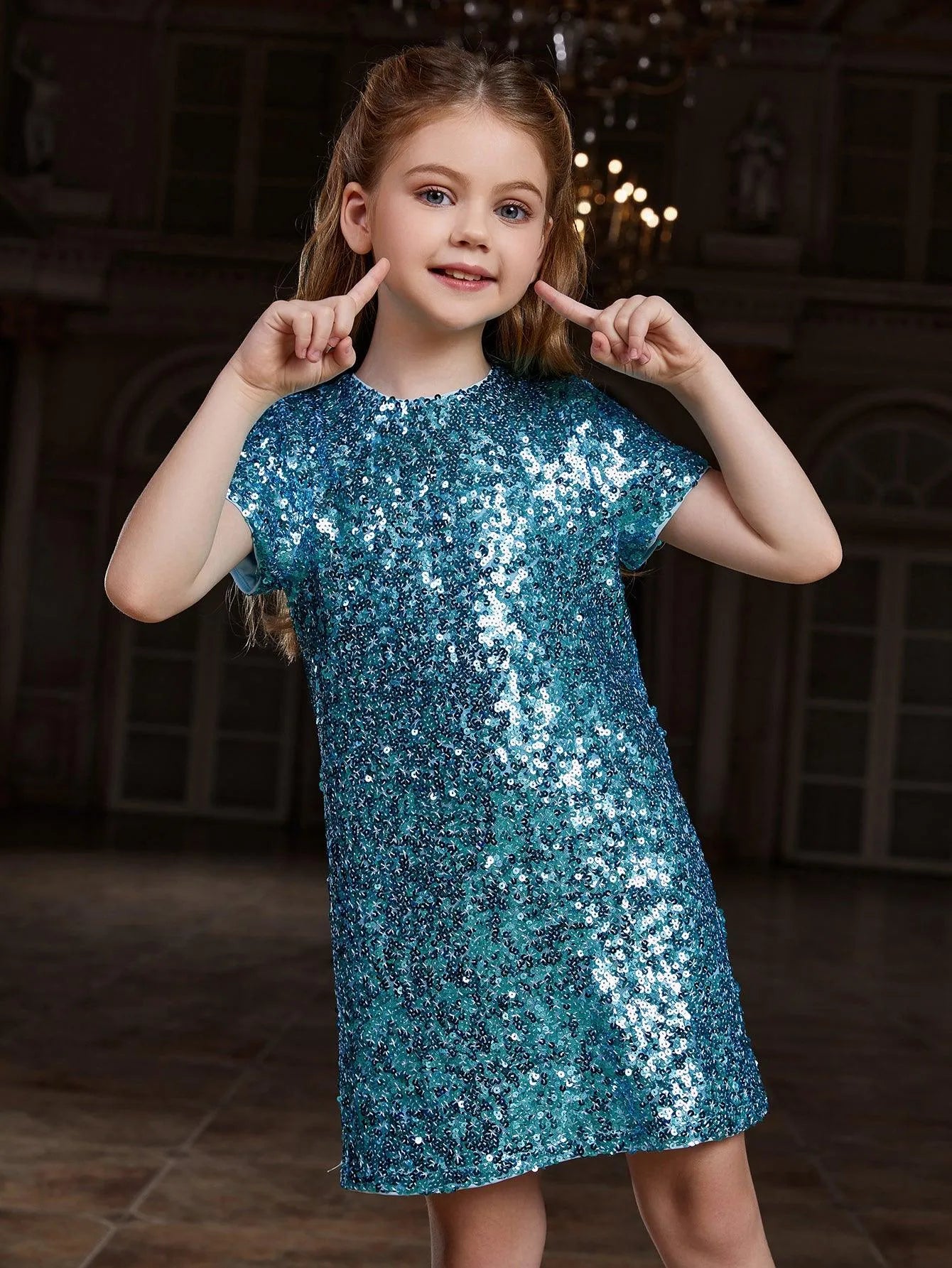 Tween Girls' Round Neck Short Sleeves Sequin Dress - Elonnashop