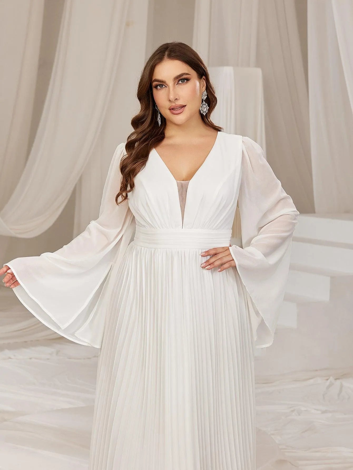 Plus Flared Sleeves Pleated Chiffon Formal Dresses - Elonnashop