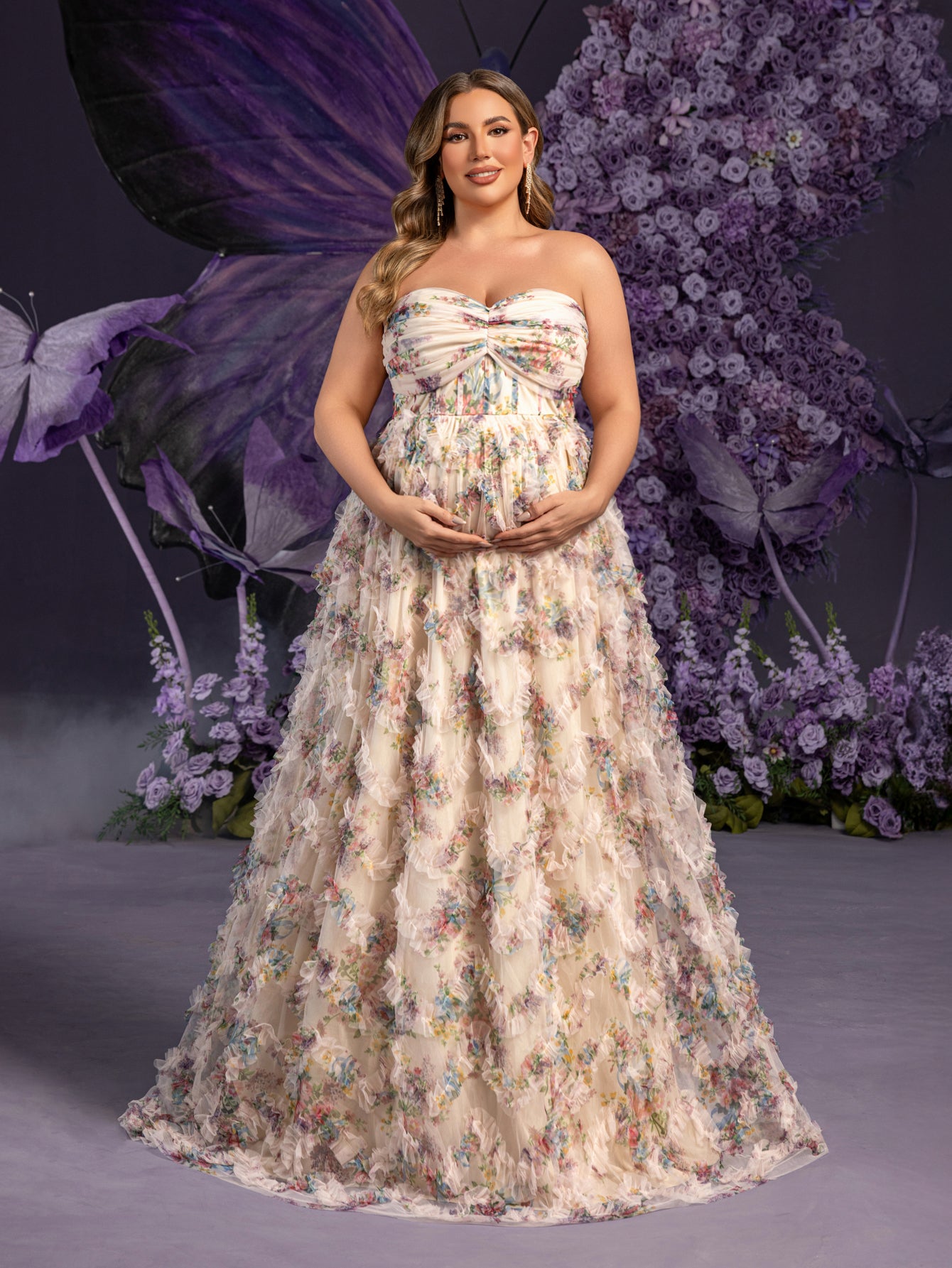 Plus Maternity Strapless Ruffle Trim Floral Mesh Party Dress