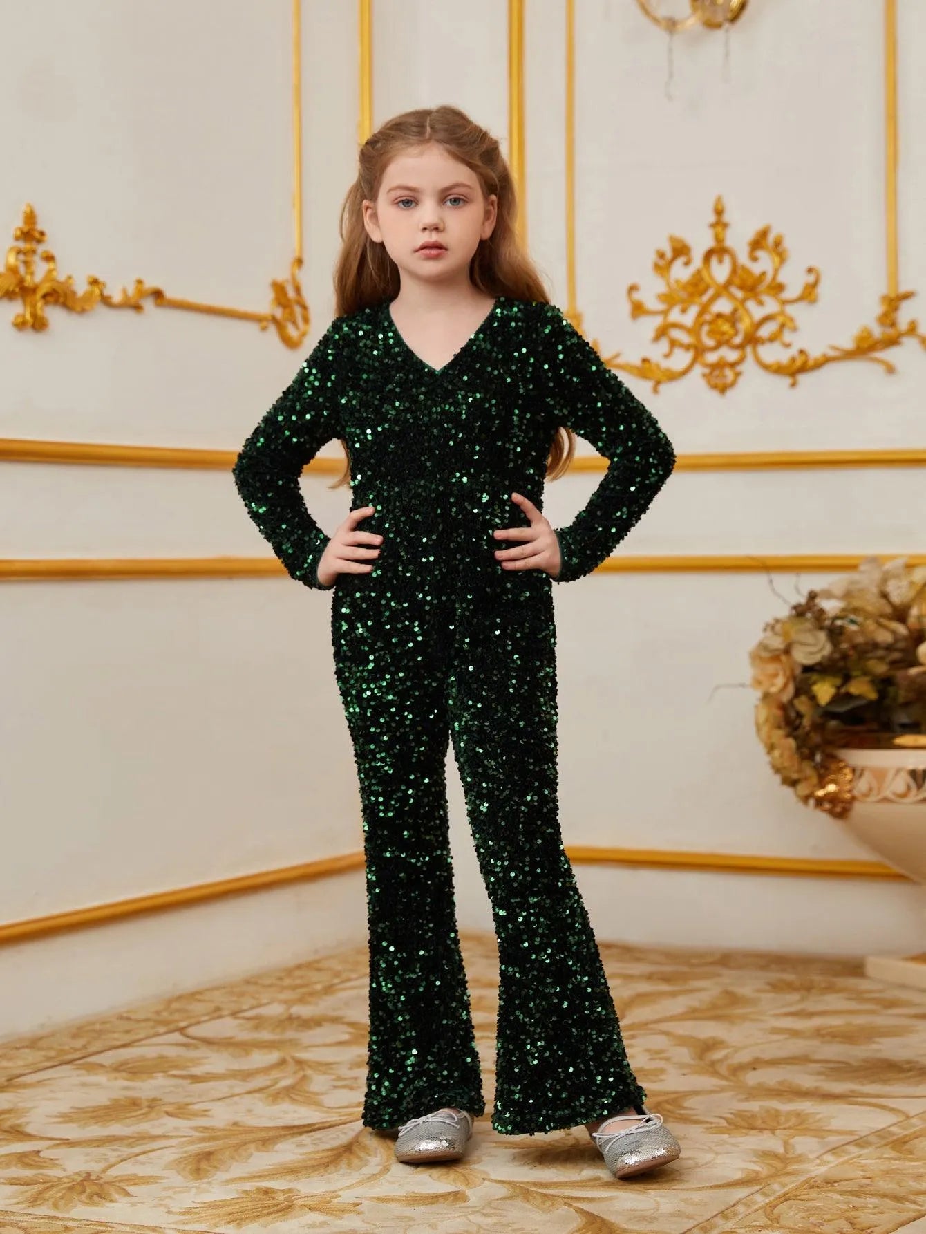 Tween Girls' V Neck Long Sleeves Sequin Jumpsuit - Elonnashop