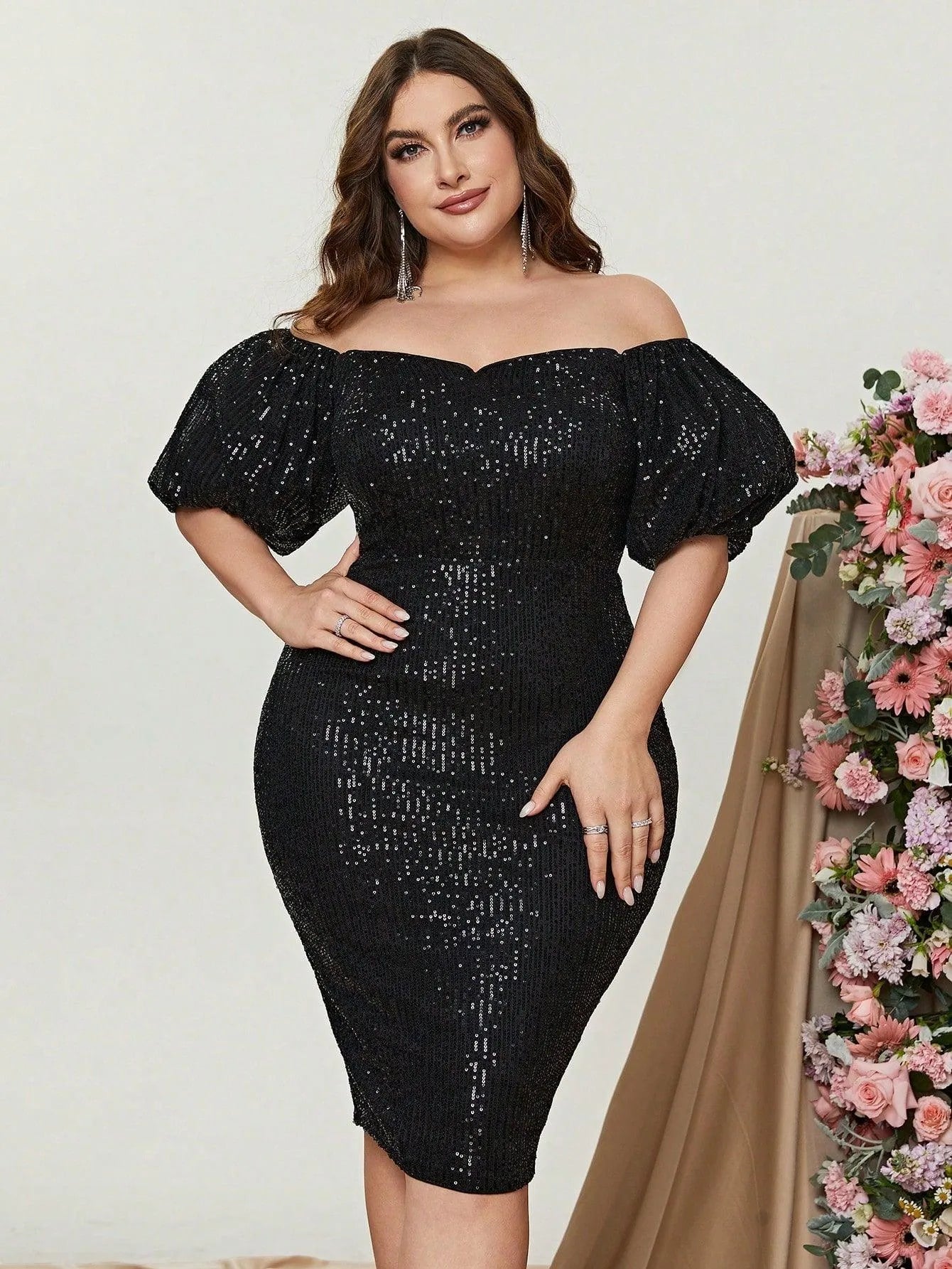 Plus Off Shoulder Puff Sleeves Sequin Midi Dress - Elonnashop