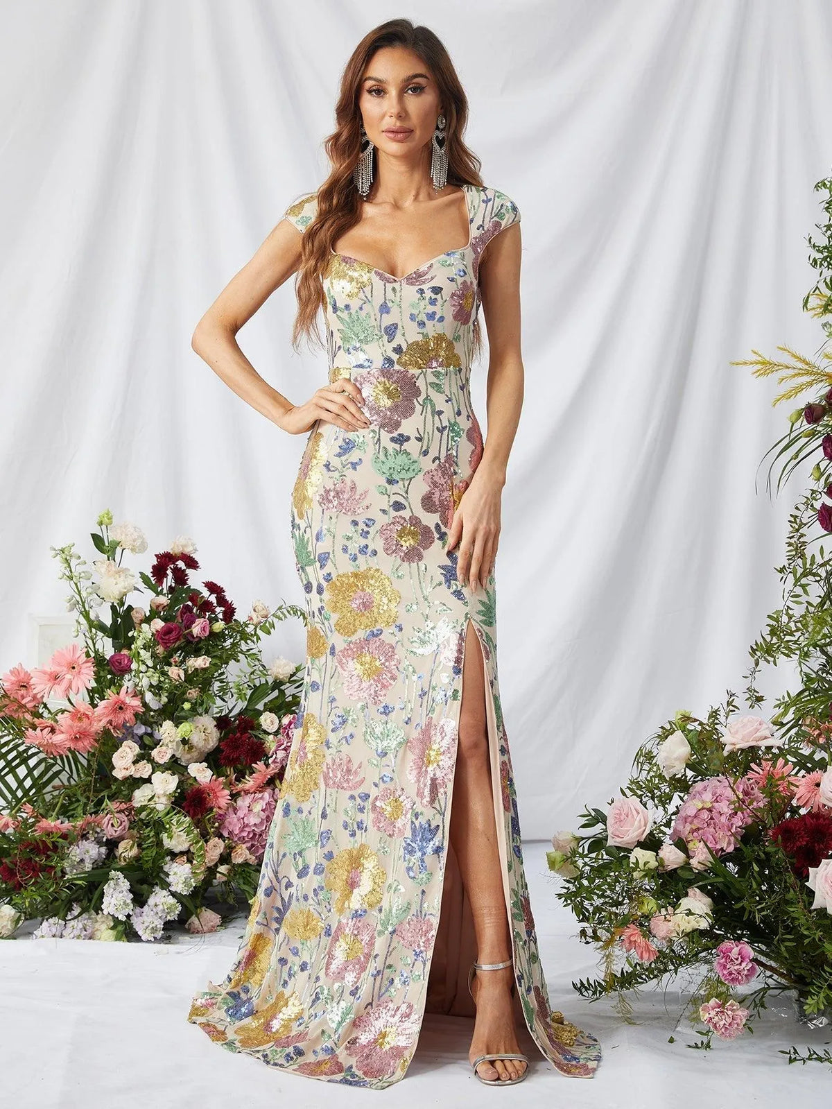 Elegant Sweetheart Neck Floral Sequins Slit Prom Dress - Elonnashop