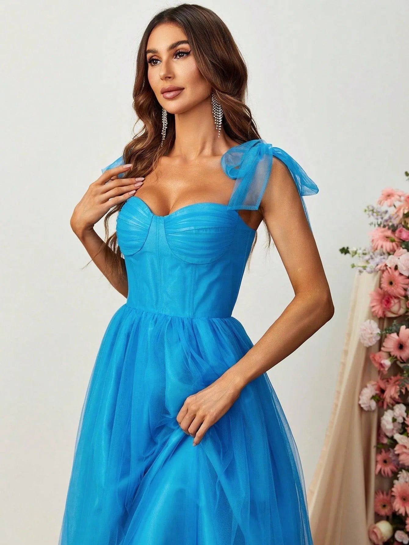 Tie Shoulder Ruffle Hem Mesh Prom Dress - Elonnashop