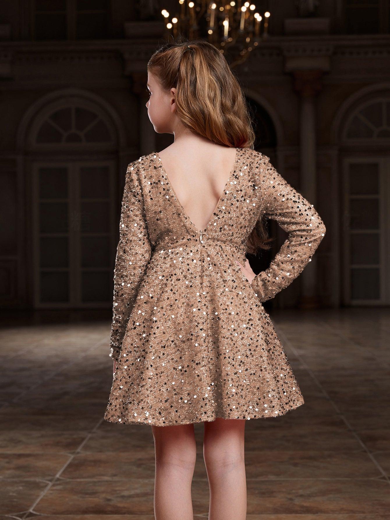 Tween Girls' V Neck Backless Sequin Party Dress - Elonnashop
