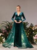 Maternity Pearl Embellished V Neck Mesh Overlay Mermaid Hem Evening Dress