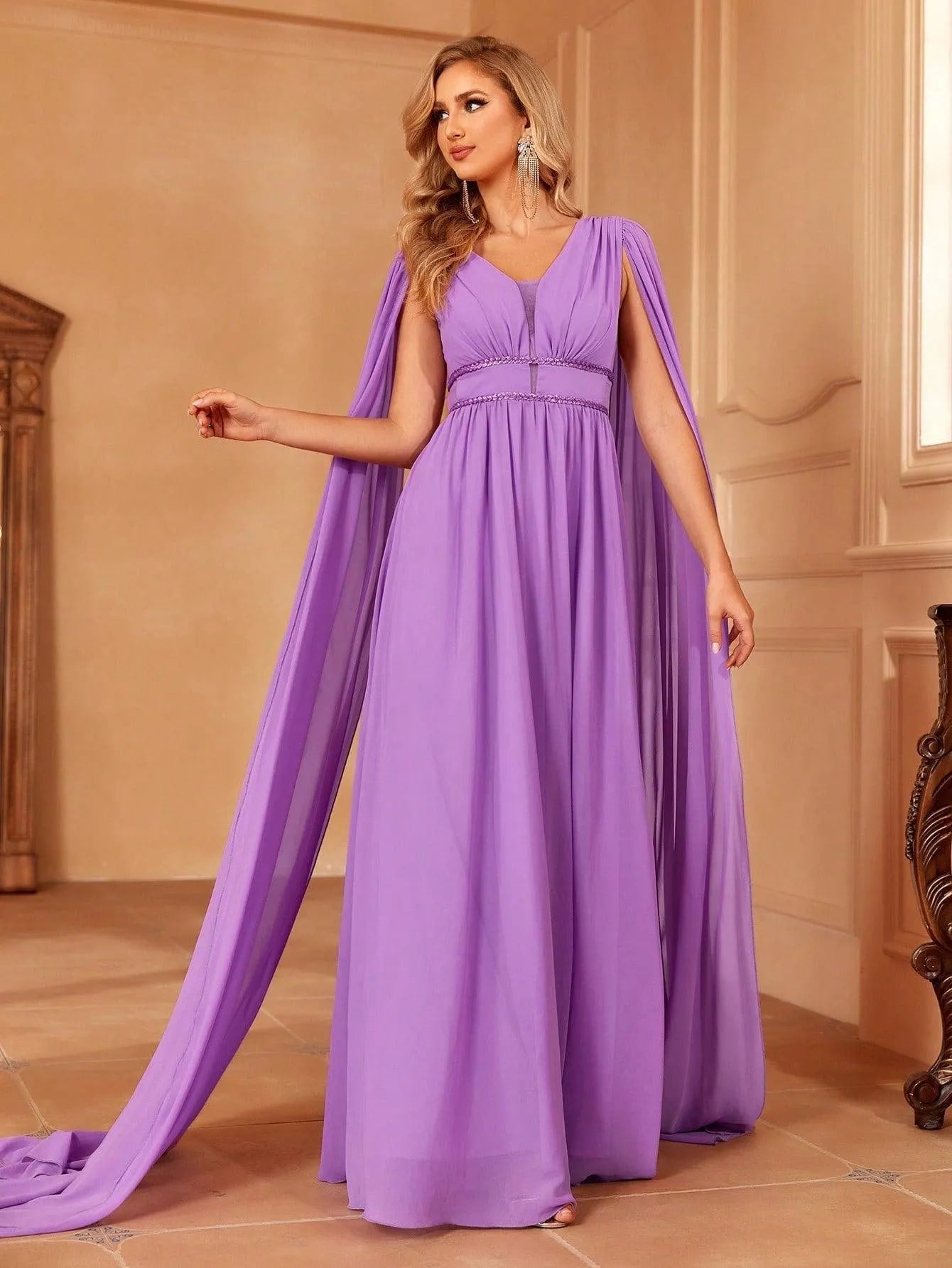 Plunging Neck Cloak Sleeve Chiffon A Line Dress - Elonnashop