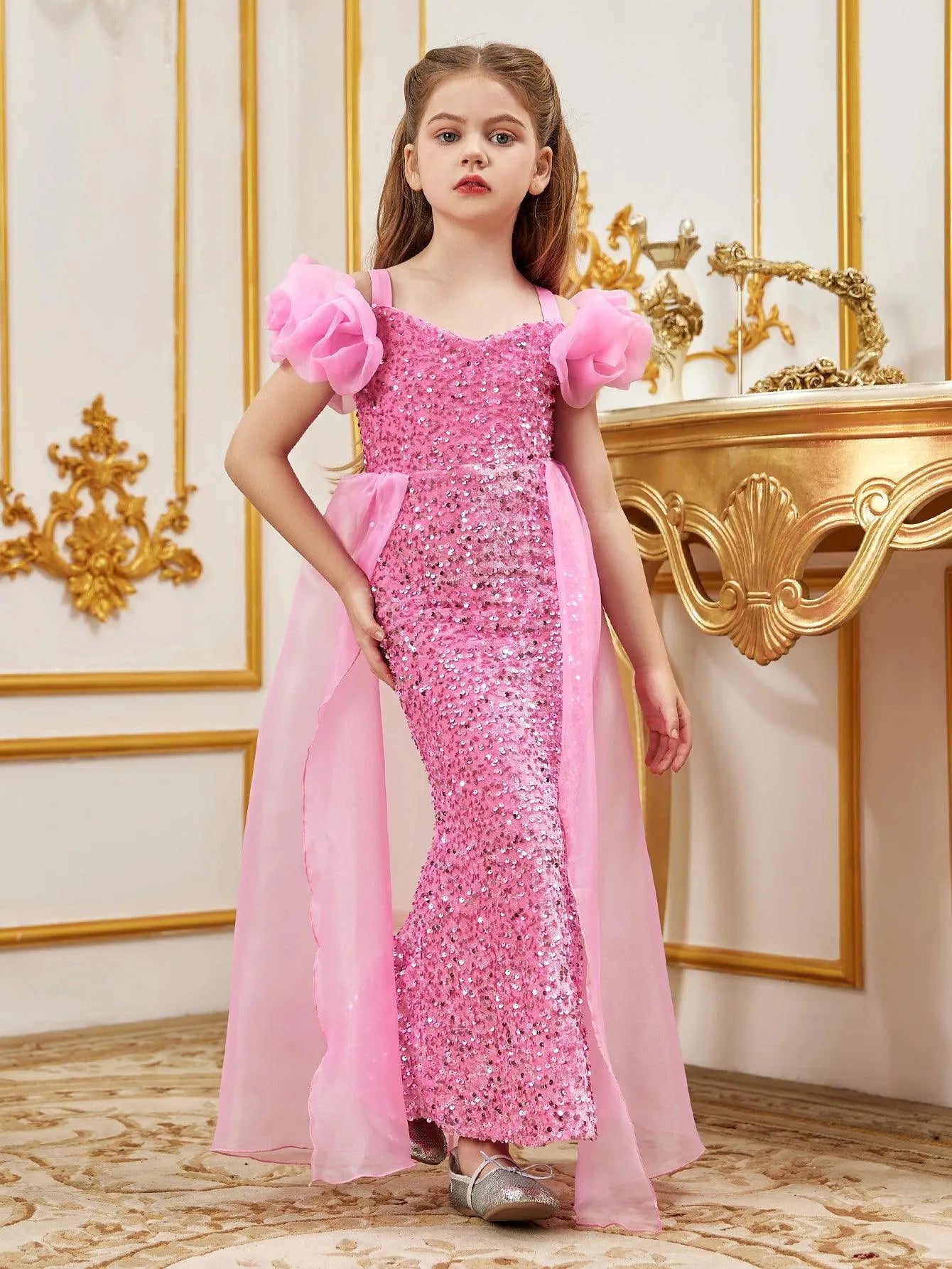 Tween Girls' Sweetheart Collar Mesh Overlay Sequin Mermaid Dress - Elonnashop