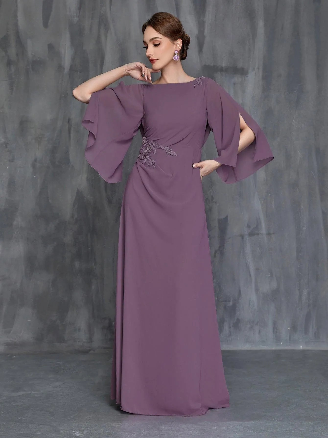 Womens' Applique Decor 3/4 Sleeves Chiffon Formal Dress - Elonnashop