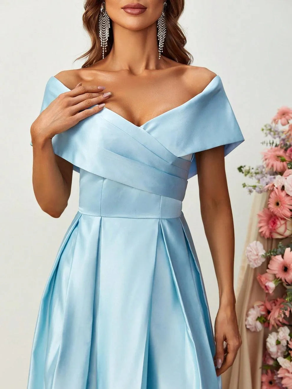 Off Shoulder Fold Pleated Detail Satin A Line Dress - Elonnashop