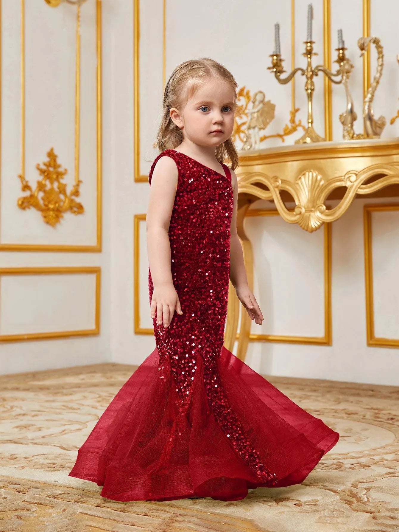 Young Girls' Mesh Insert Mermaid Hem Sequin Dress - Elonnashop