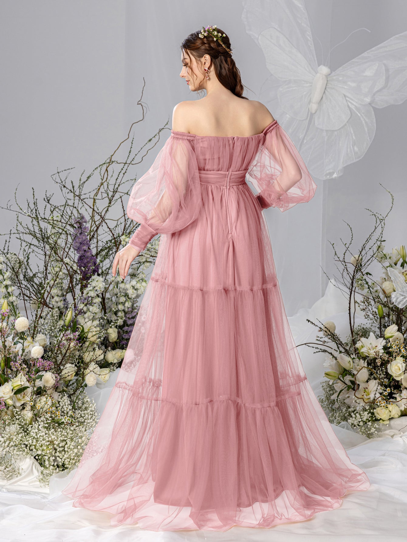 Maternity Off Shoulder Bishop Sleeves Layered Tulle Photography Dress
