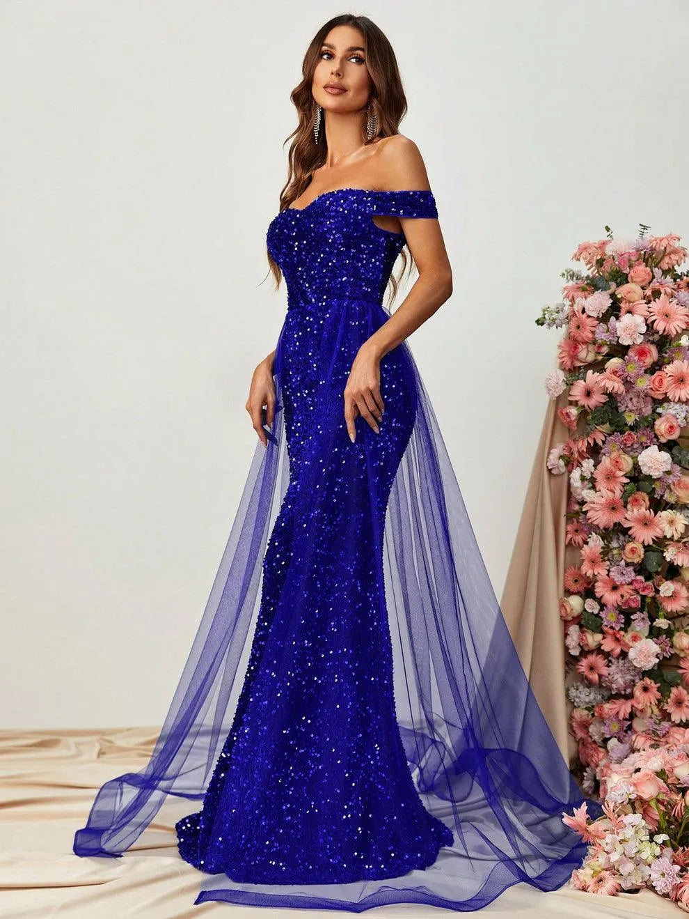 Off Shoulder Sequin Mermaid Dresses Mesh Layer On Waist - Elonnashop