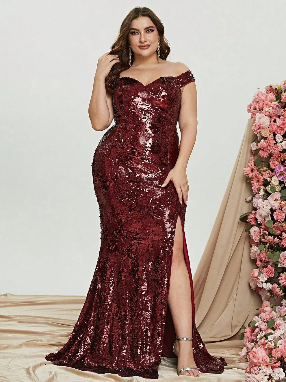 Plus Size Off Shoulder Slit Sequin Mermaid Dress - Elonnashop