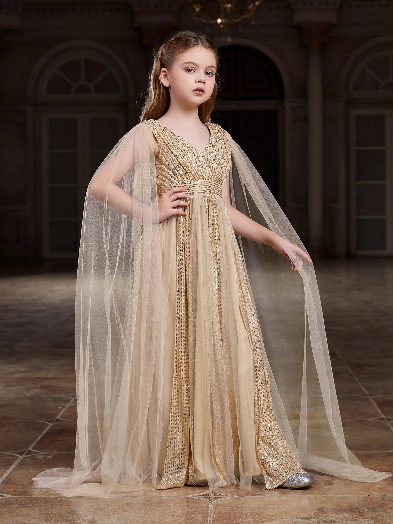 Tween Girls' Contrast Mesh Cape Sleeves Sequin Party Dress Pink / 10Y Tween Girls' Contrast Mesh Cape Sleeves Sequin Party Dress Pink / 10Y