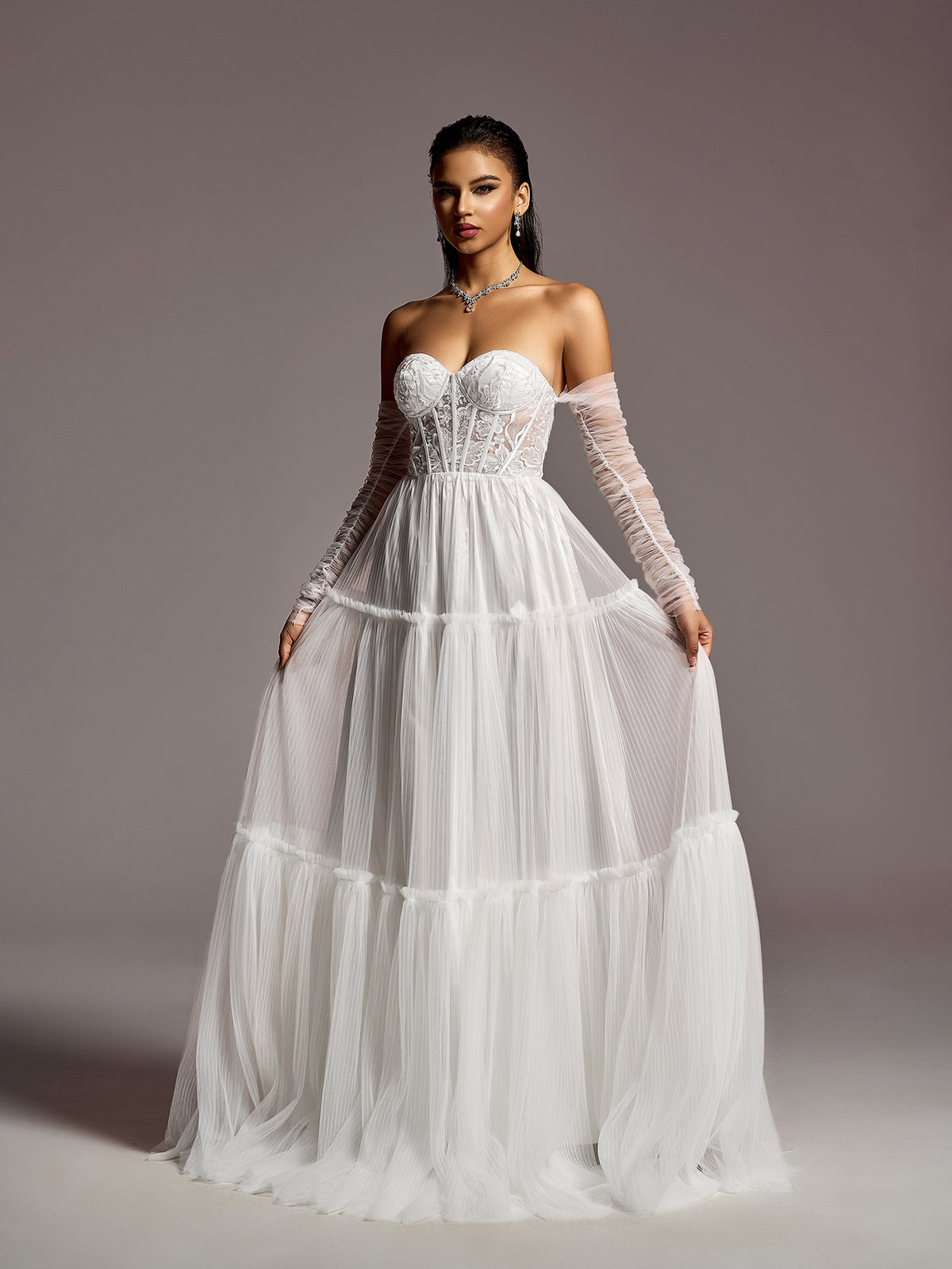 Elegant Lace Corset Bodice Sheer Sleeves A-line Tulle Wedding Dress