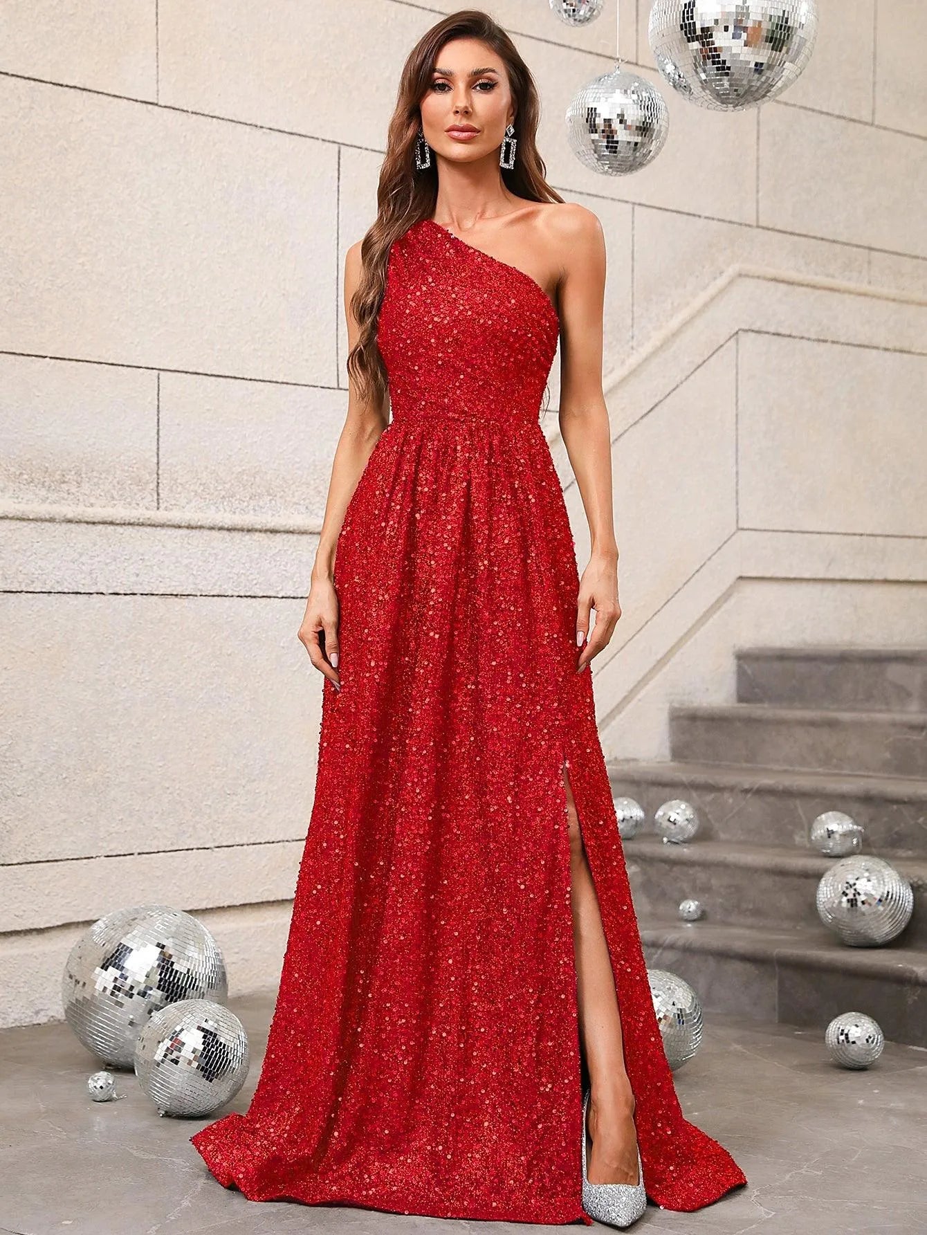 Elegant One Shoulder Sleeveless Sequin A Line Dresses - Elonnashop