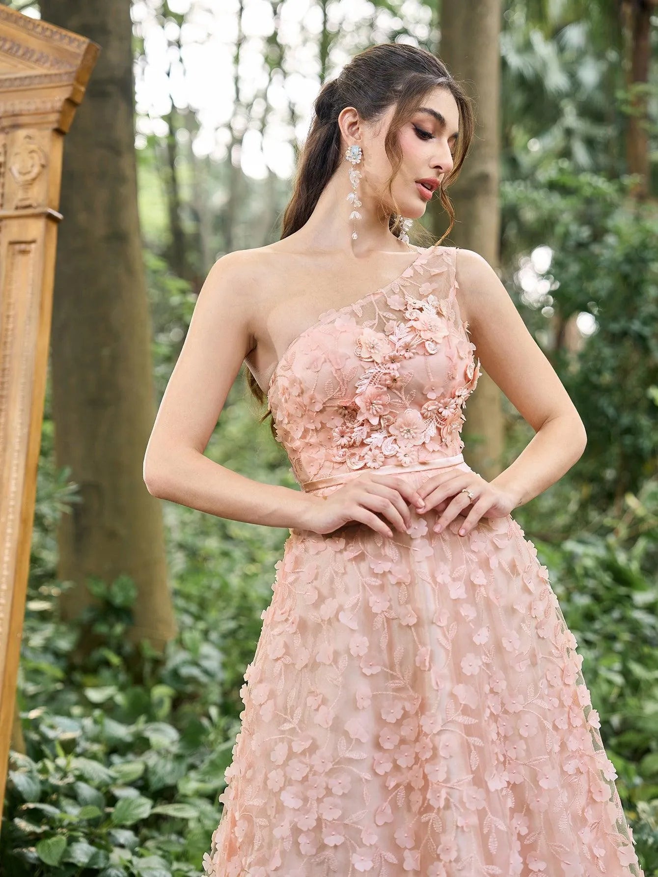 Luxury One Shoulder Lace-Up Back Floral Applique Prom Dress - Elonnashop