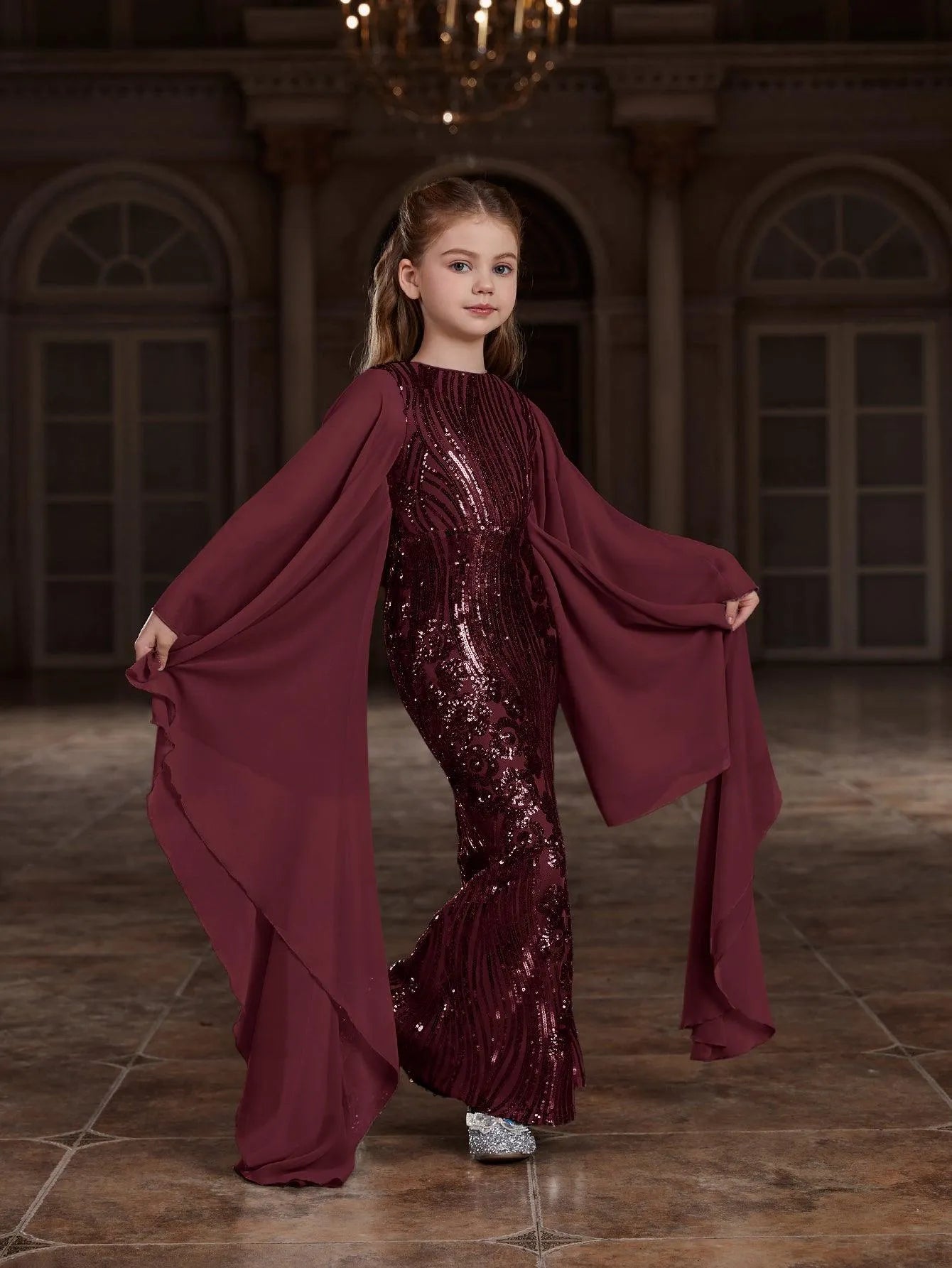 Tween Girls' Extra-Long Sleeves Graphic Sequin Party Dress - Elonnashop