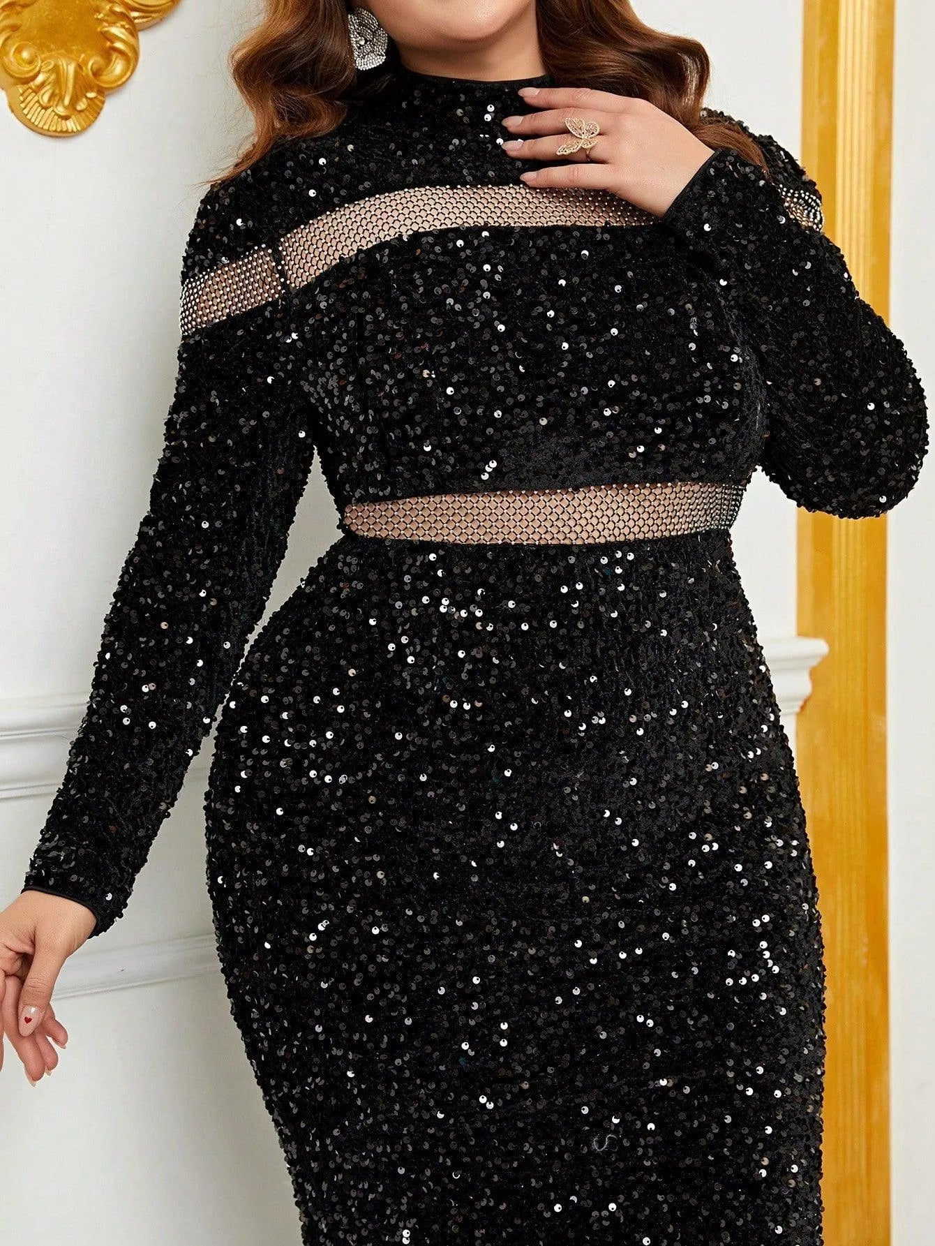 Plus Mock Neck Cut Out Front Sequin Mermaid Dress - Elonnashop