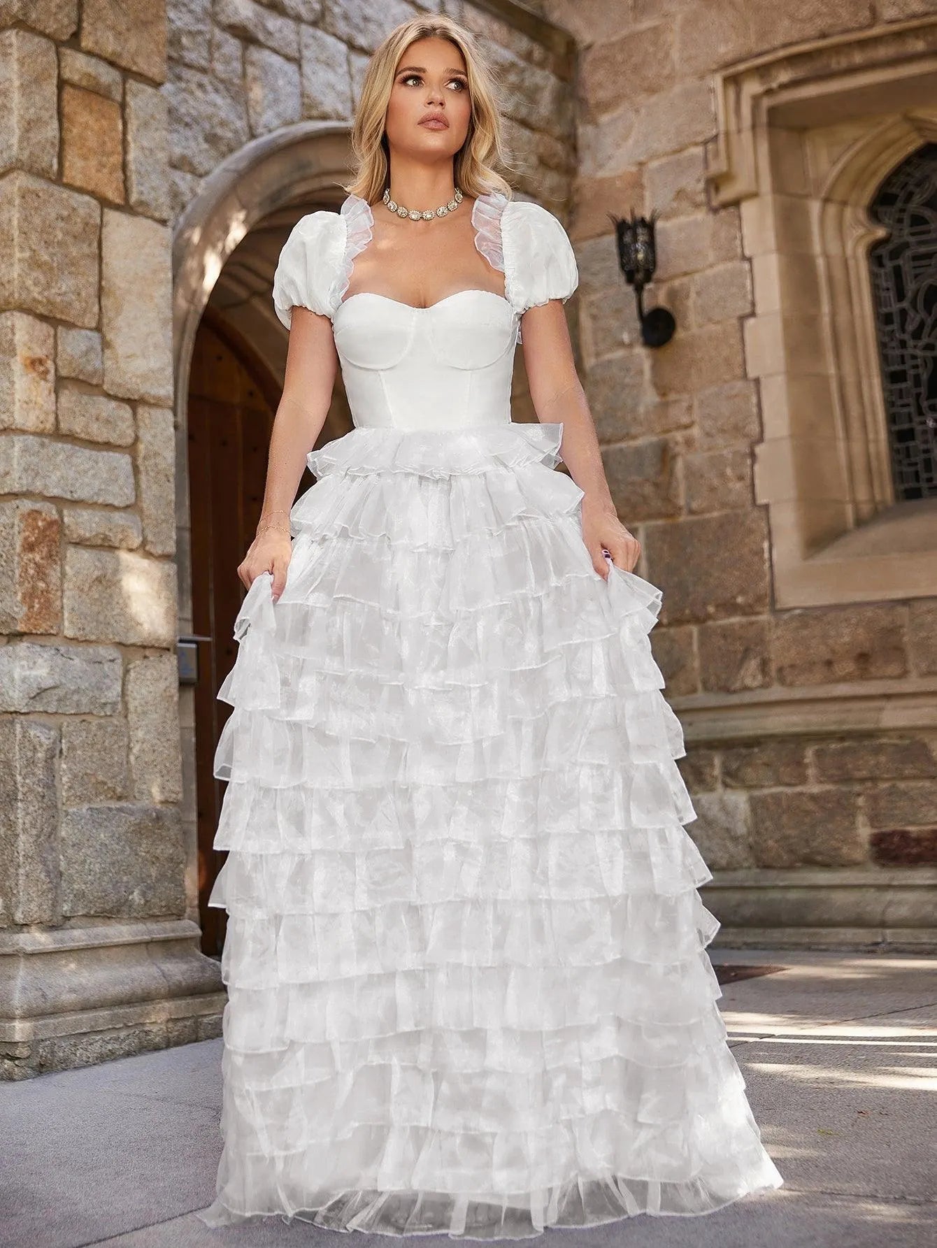 Elegant Puff Sleeve Layered Ruffle Hem Wedding Dress - Elonnashop