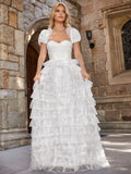 Elegant Puff Sleeve Layered Ruffle Hem Wedding Dress - Elonnashop