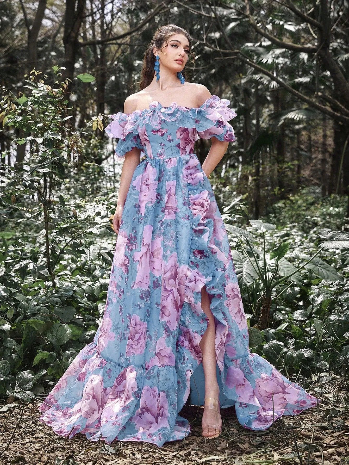Elegant Ruffle Trim Off Shoulder Floral Organza Prom Dress Elonnashop Elegant Ruffle Trim Off Shoulder Floral Organza Prom Dress Elonnashop