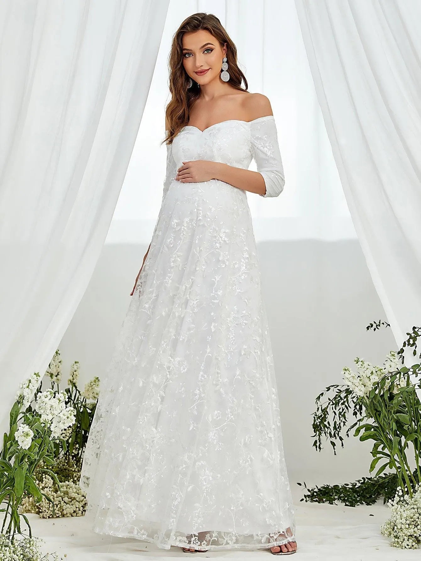 Maternity Off Shoulder Embroidered Mesh Wedding Dress - Elonnashop