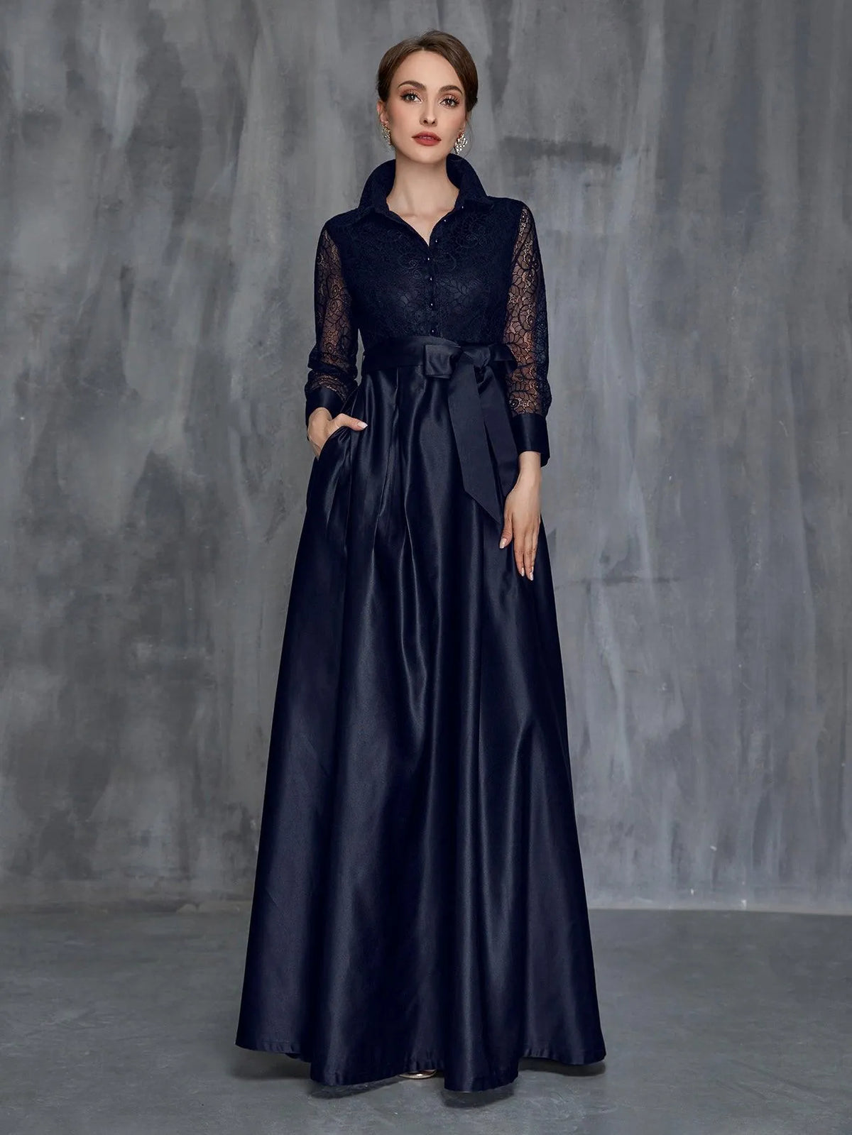 Womens' Shirt Collar Contrast Lace Satin Belted Dress - Elonnashop