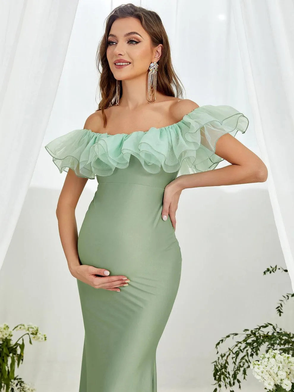 Maternity Ruffle Trim Off Shoulder Mermaid Hem Party Dress - Elonnashop