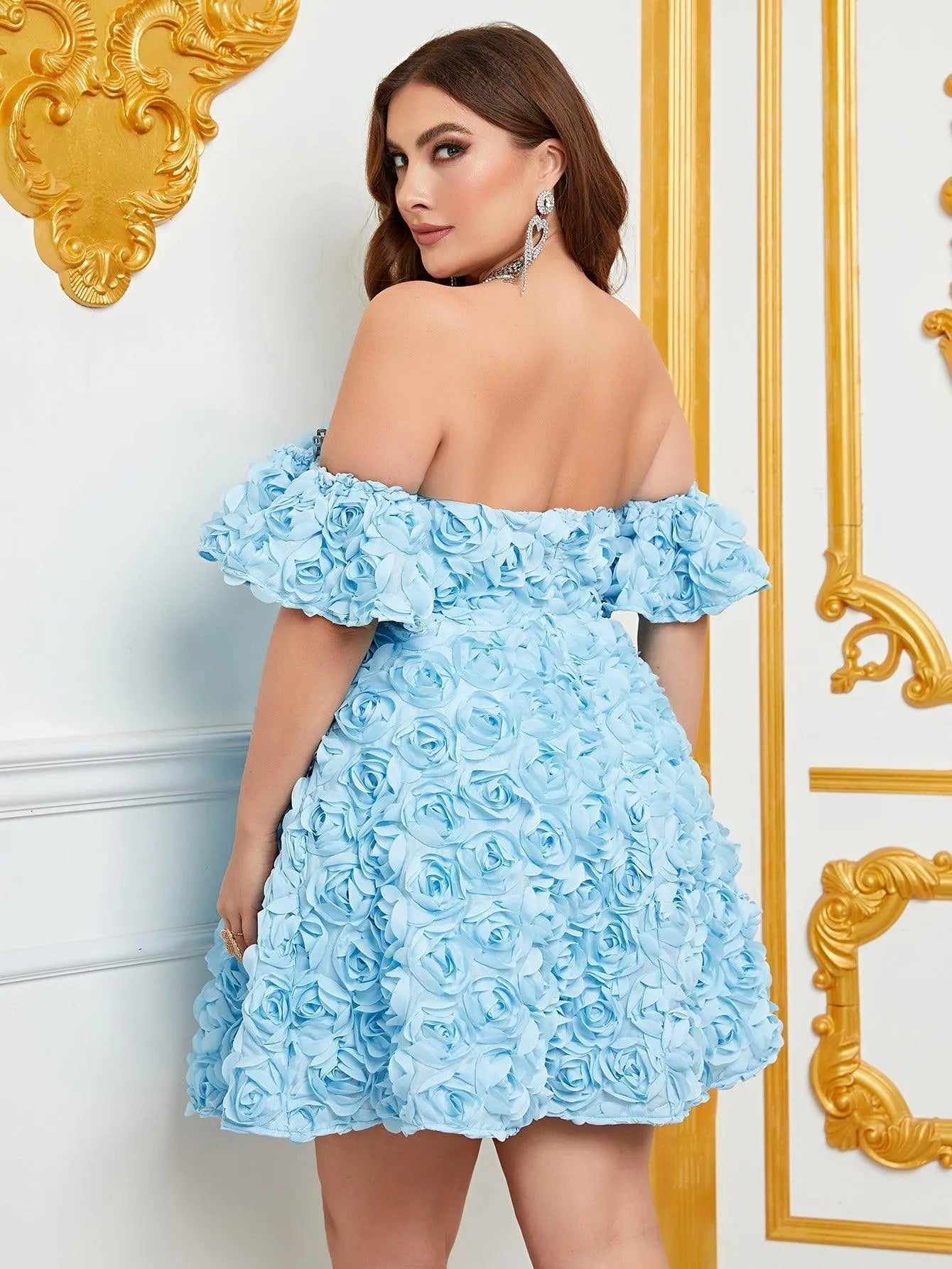 Plus Off Shoulder 3D Flower Graduation Dress - Elonnashop