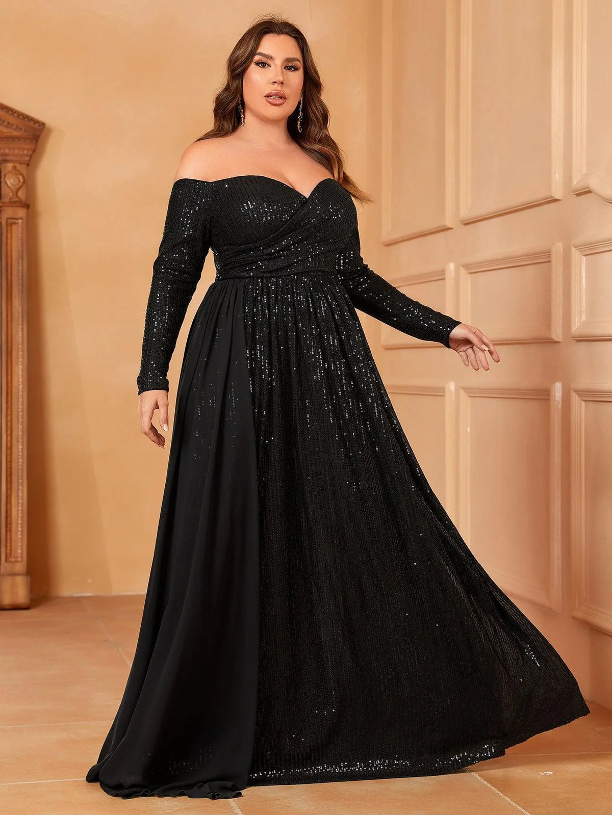 Plus Off Shoulder Draped Side Sequin Formal Dresses - Elonnashop