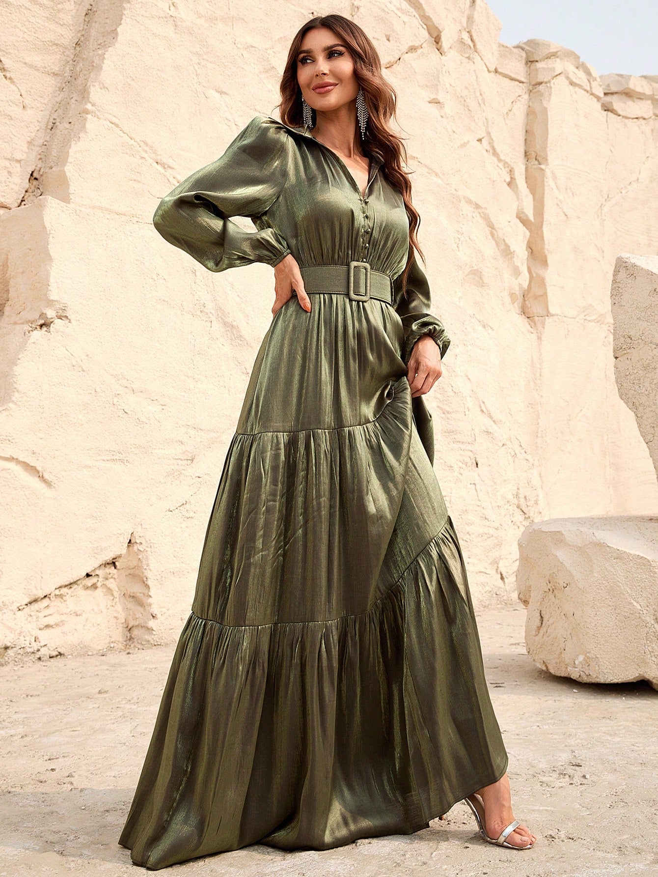 Elegant Bishop Sleeves Ruffle Hem Belted Dress