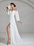 Off Shoulder Lantern Sleeves Chiffon Wedding Dress - Elonnashop