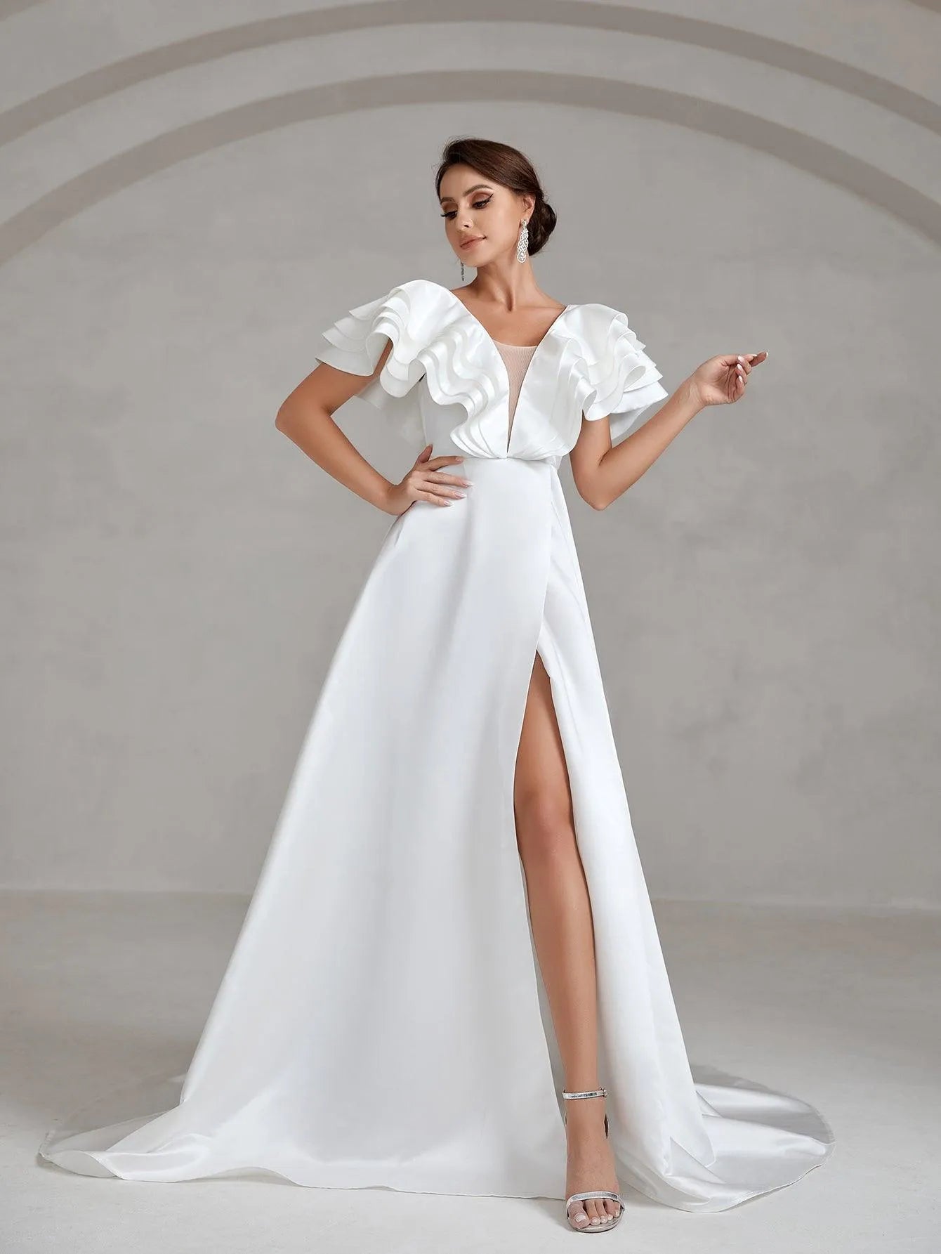 Backless Ruffle Layered Sleeve Satin Wedding Dress - Elonnashop