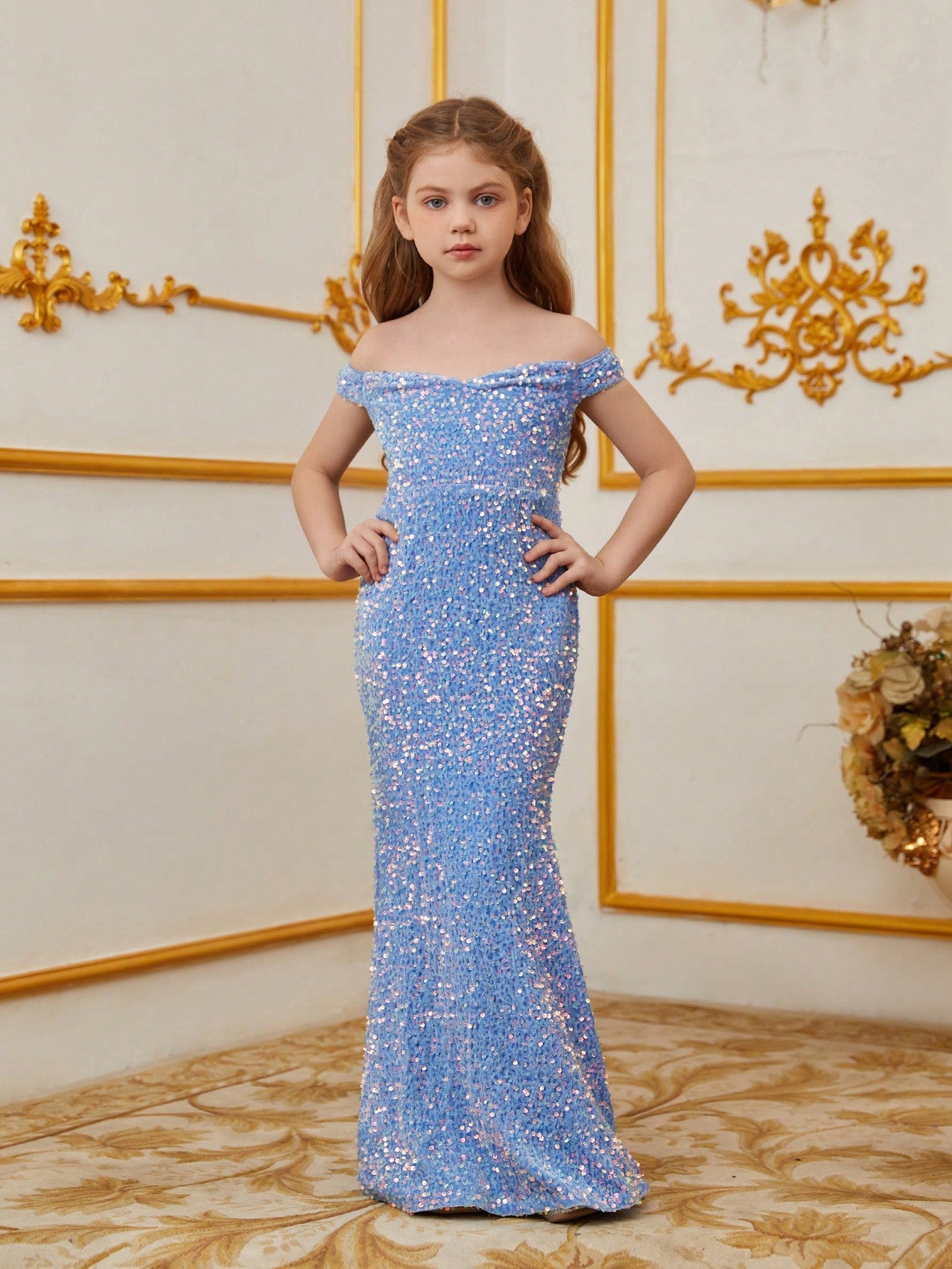 Tween Girls' Shiny Off Shoulder Split Mermaid Hem Sequin Party Dress