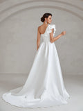 Ruffle Trim One Shoulder Split Thigh Satin Wedding Dress - Elonnashop